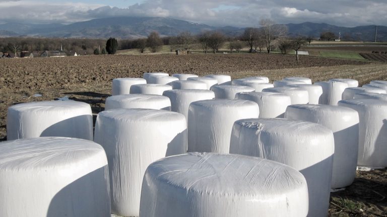 Hay bales conserved by plastic film from Trioworld.
