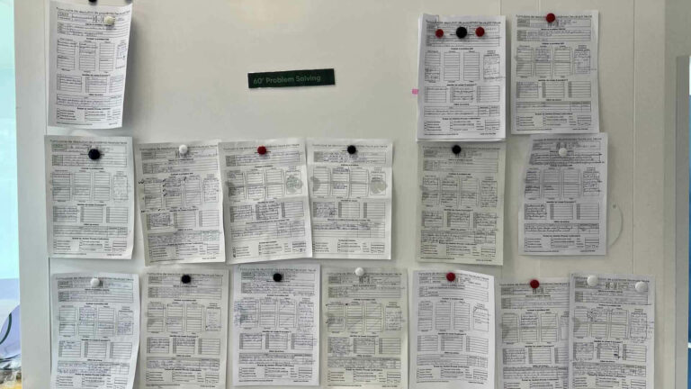 Problem solving board with PDCA, Ishikawa diagrams, and 5-why analysis.