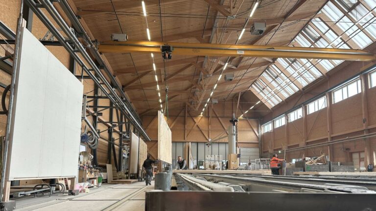 Construction module fabrication line at Blumer Lehmann, Switzerland.